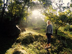 Heidi, basking in magical sunlight, just before her fairy godmother alighted on her shoulder and turned her into Taylor Swift.  and riding a unicorn.